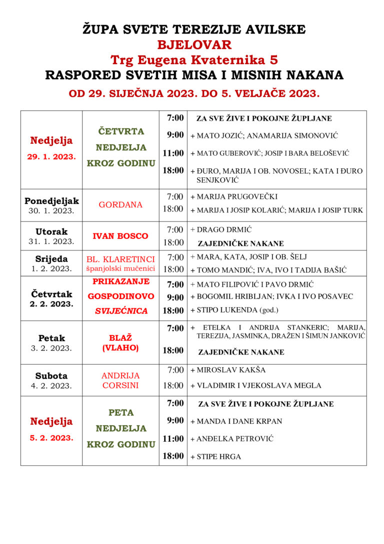 Župa svete Terezije Avilske Bjelovar » SLAVLJA I RASPORED SVETIH MISA